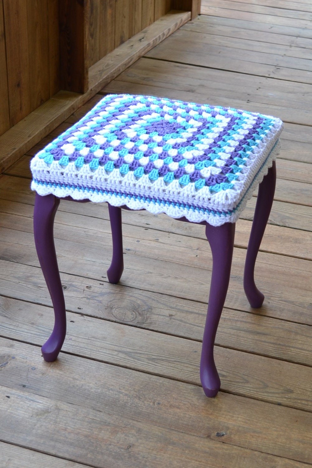 Stool 17"  high with Granny Square Crochet Cover Purple Upcycle Recycle littlestsister - LittlestSister