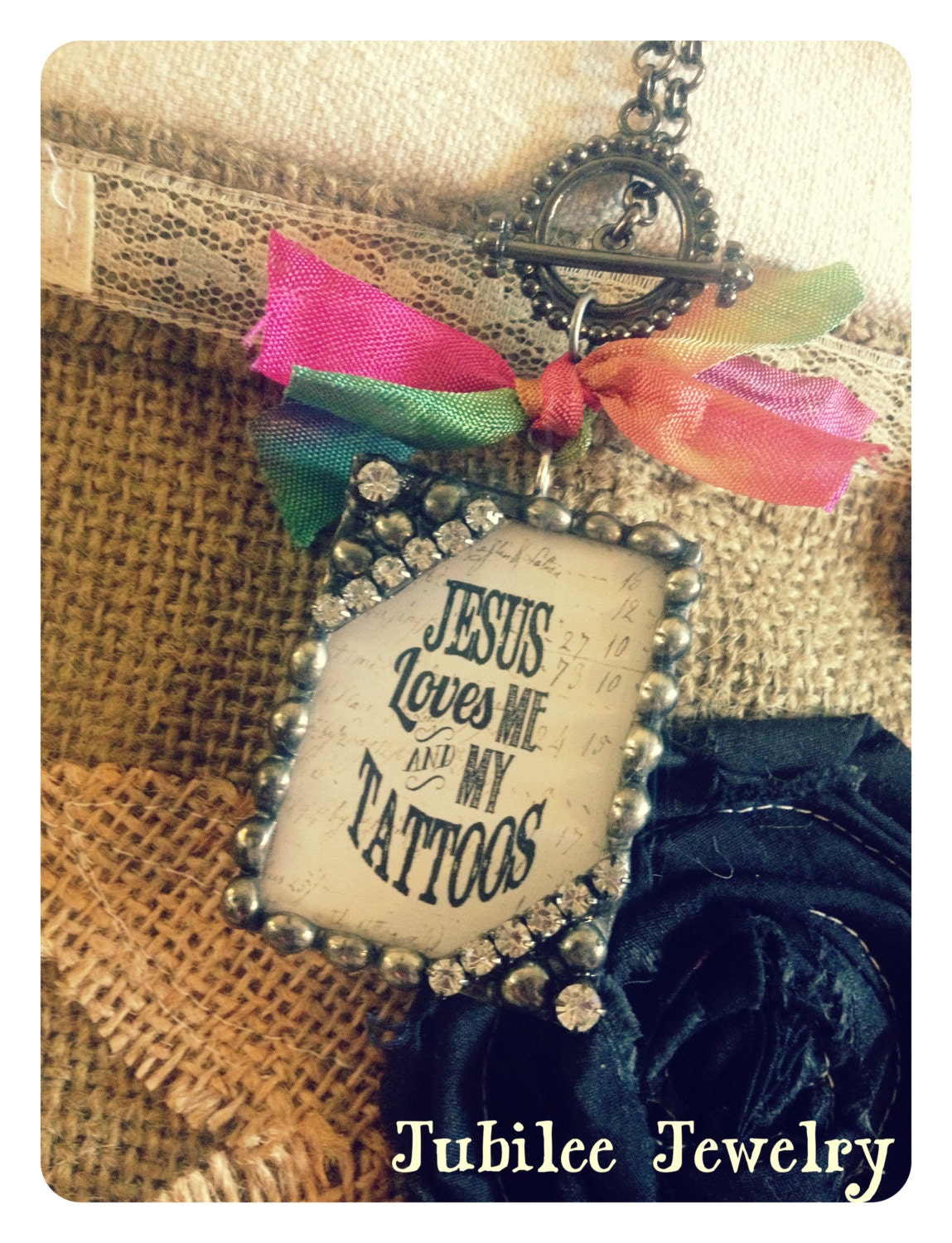 Jesus loves me and my tattoos soldered rhinestone necklace
