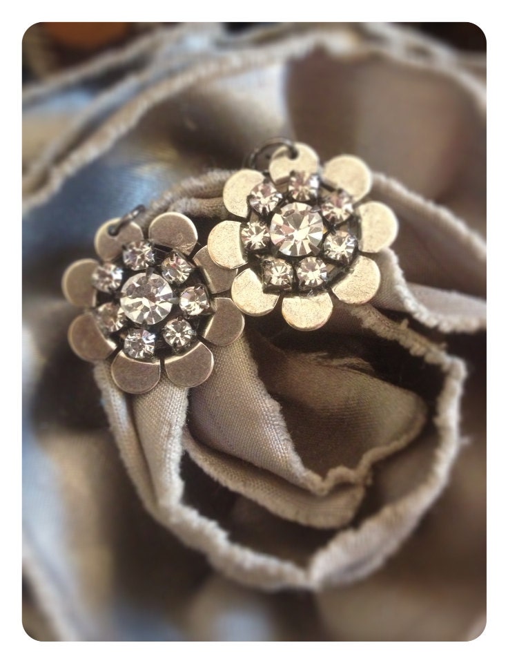 Brushed metal rhinestone flower earrings