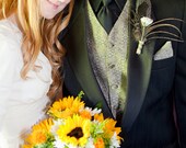Amazing rustic-chic boutonniere with feathers and music paper rose farm wedding custom for your groom