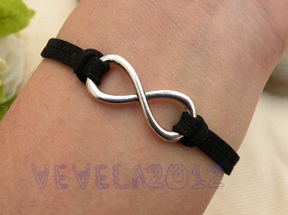 Karma-antique Bracelet ------ antique silver Karma Bracelet,infinity bracelet&black Flocking leather cord Bracelet