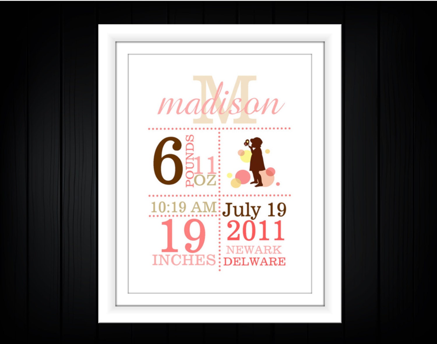 Baby Girl Birth Announcement Print. 8x10.