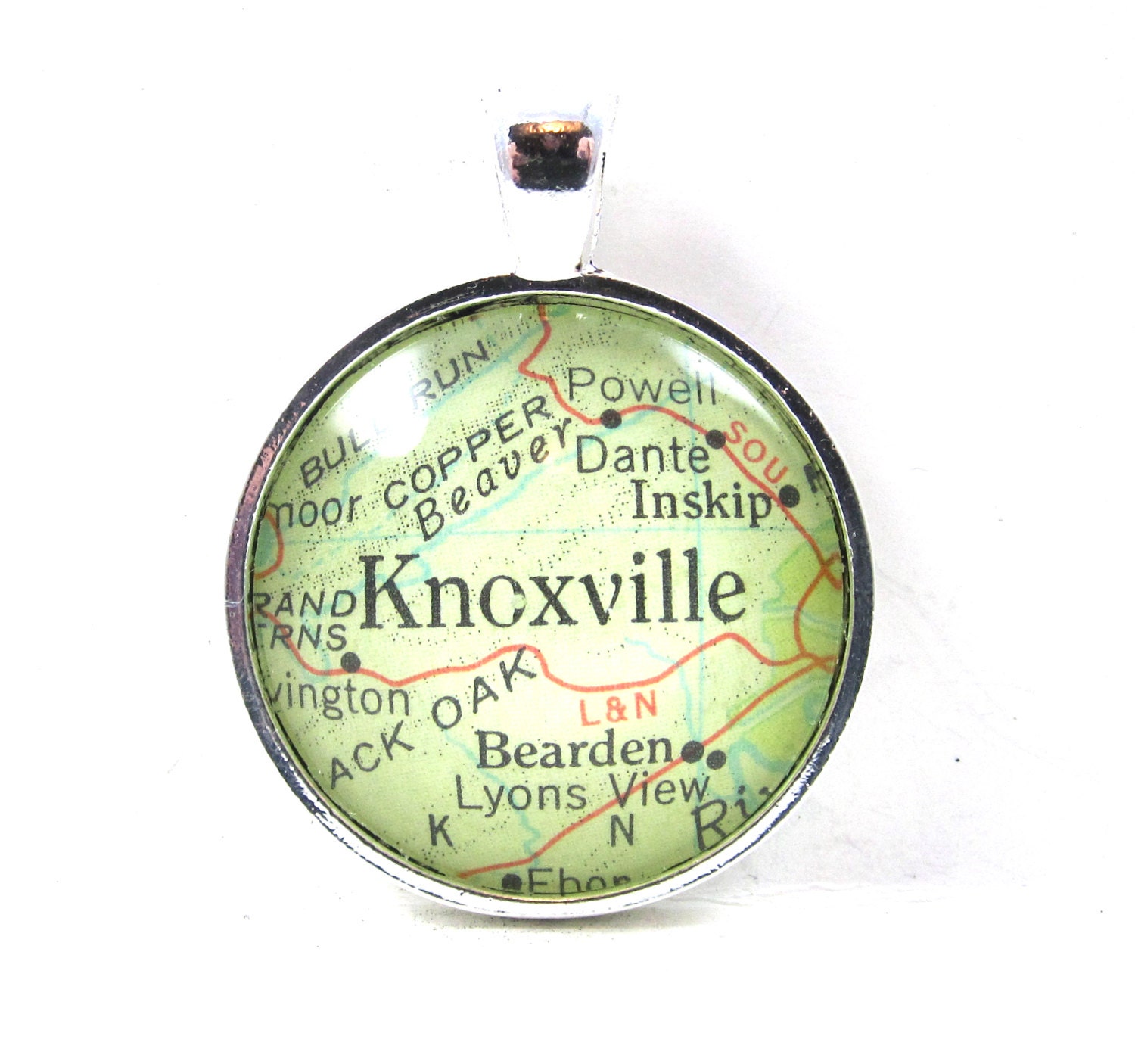 Knoxville, Tennessee, Pendant from Vintage Map, in Glass Tile Circle