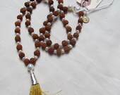 Rudraksha Mala Prayer Bead Necklace with Fresh Water Pearls and Gold Tassle