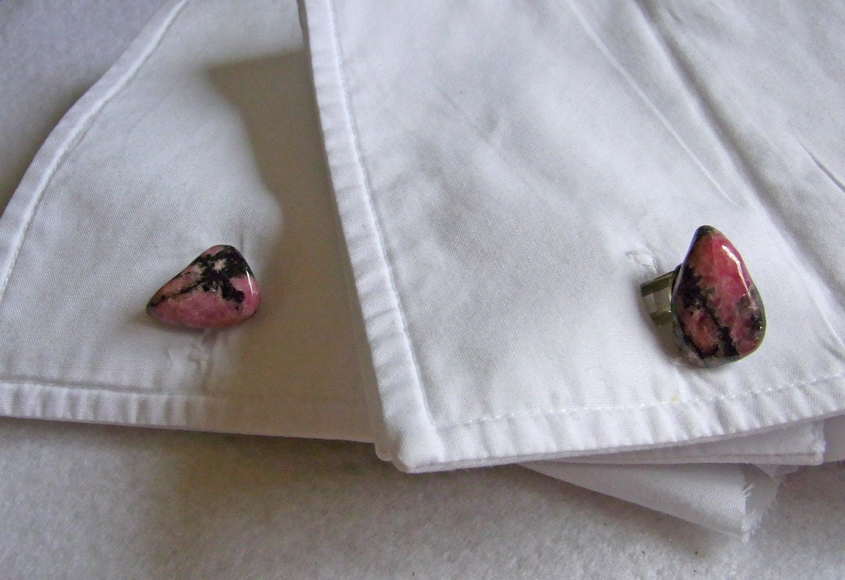 Rhodonite Semi Precious Stone Cufflinks, Gifts under 10 pounds