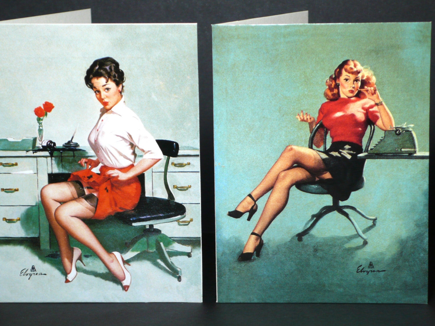 Naughty Secretary Cards Office Pin Up Girls Retro Typist PinUps Mad Men Style Blank Notecards set of 2