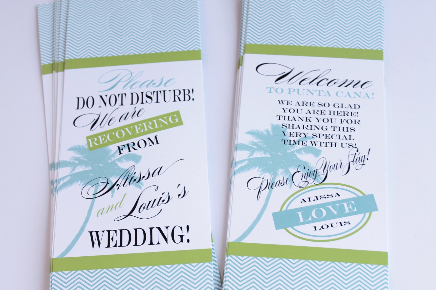Set of 20 - Destination Beach Cruise Tropical Wedding Chevron Palm Tree Bridal Door Hanger for  Hotel Guests or Out Of Town Bags