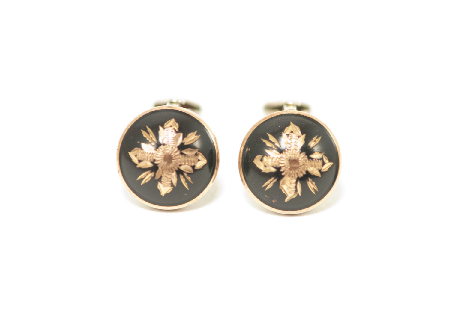 Classic Antique Spanish Damascene Button Earrings Mourning