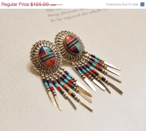 10% OFF Vintage Sterling Silver Navajo Stone Earrings, Native American Jewelry, Chandelier Earrings 1970's