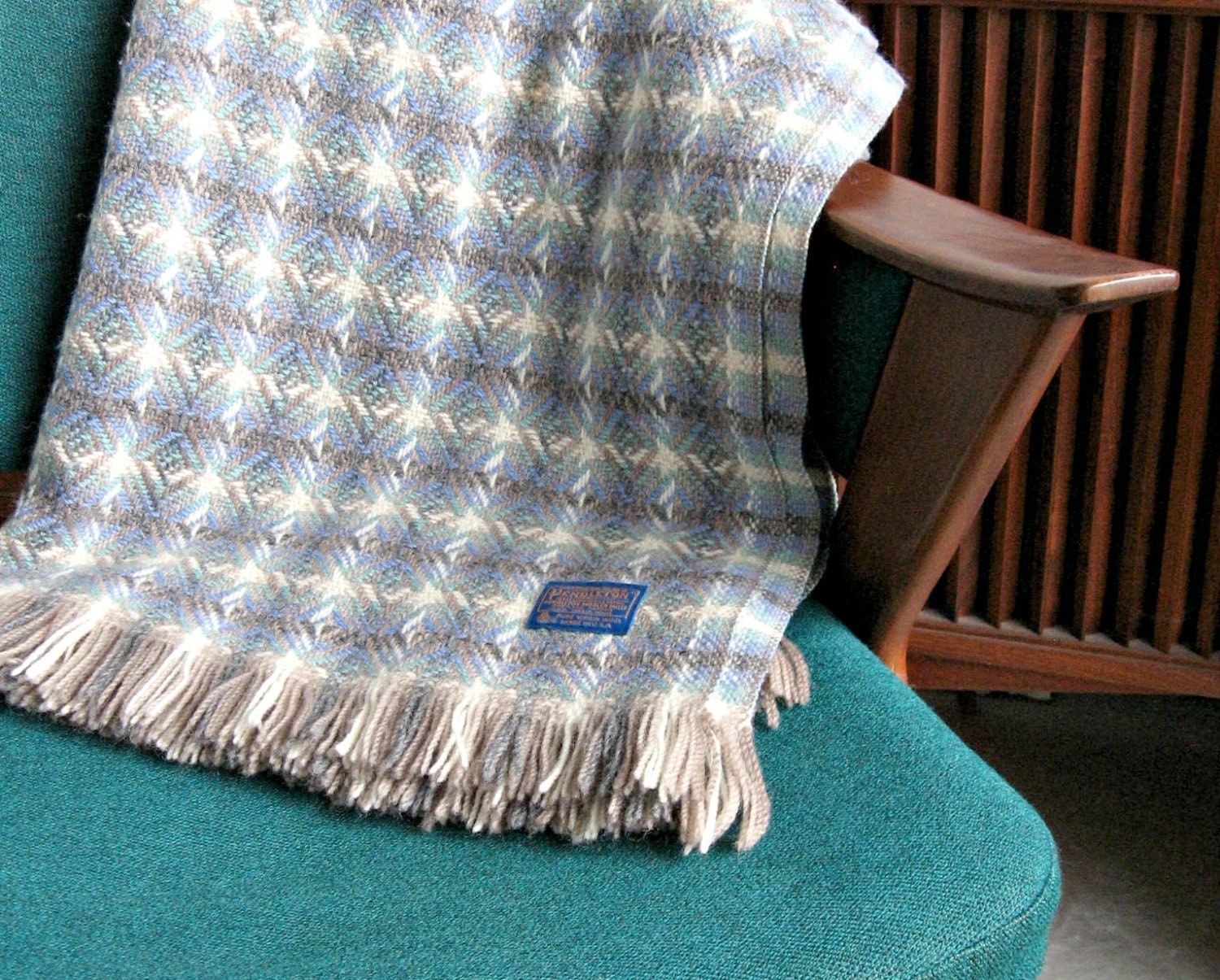 Vintage Modern Pendleton Fringed Wool Blanket / Wool Throw / Blue and Green / Made in USA