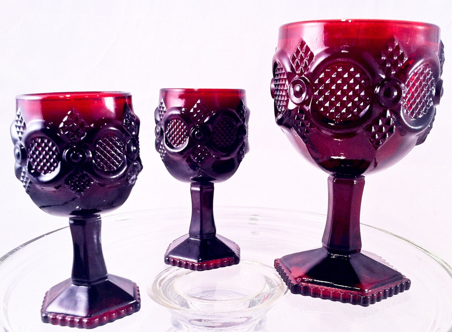 Recycled 3 Piece Ruby Red Avon Goblet Set Handmade Scented Soy Candles