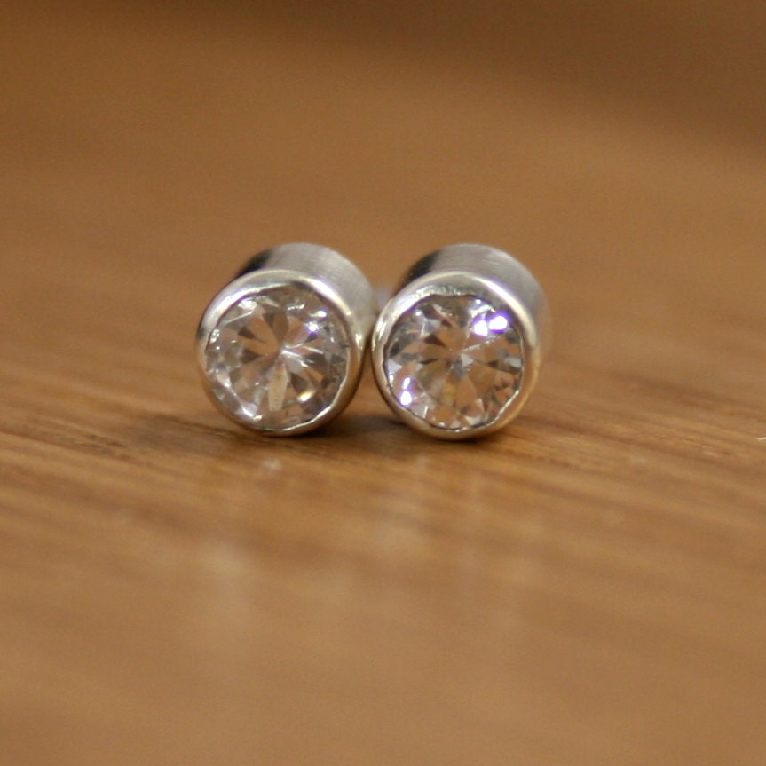 Small White Silver Stud Earrings, White Cubic Zirconia, Made to Order