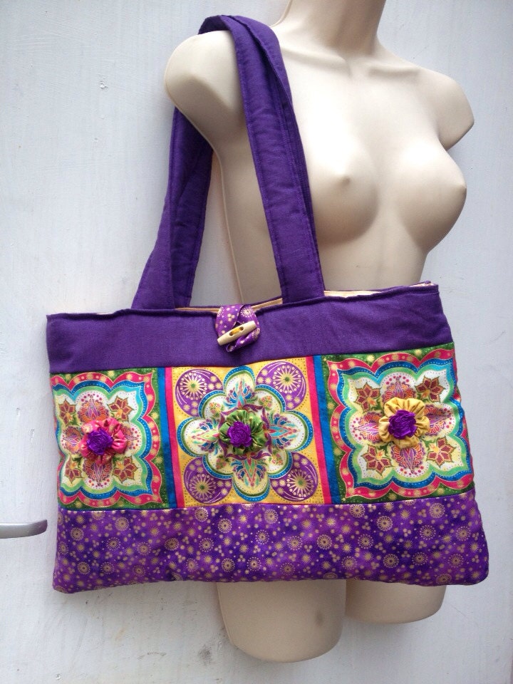 Ooak Colourful Womens,teens Boho Quilted Oriental Flower Designer Handmade tote,shoulder, Handbag /Bag/Purse,purple,rainbow,floral.