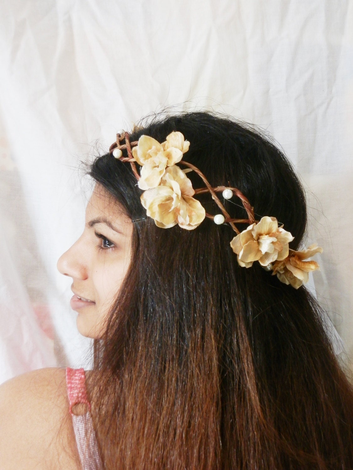 Golden blossoms floral ballerina fairy crown wreath gardland headpiece with pearls