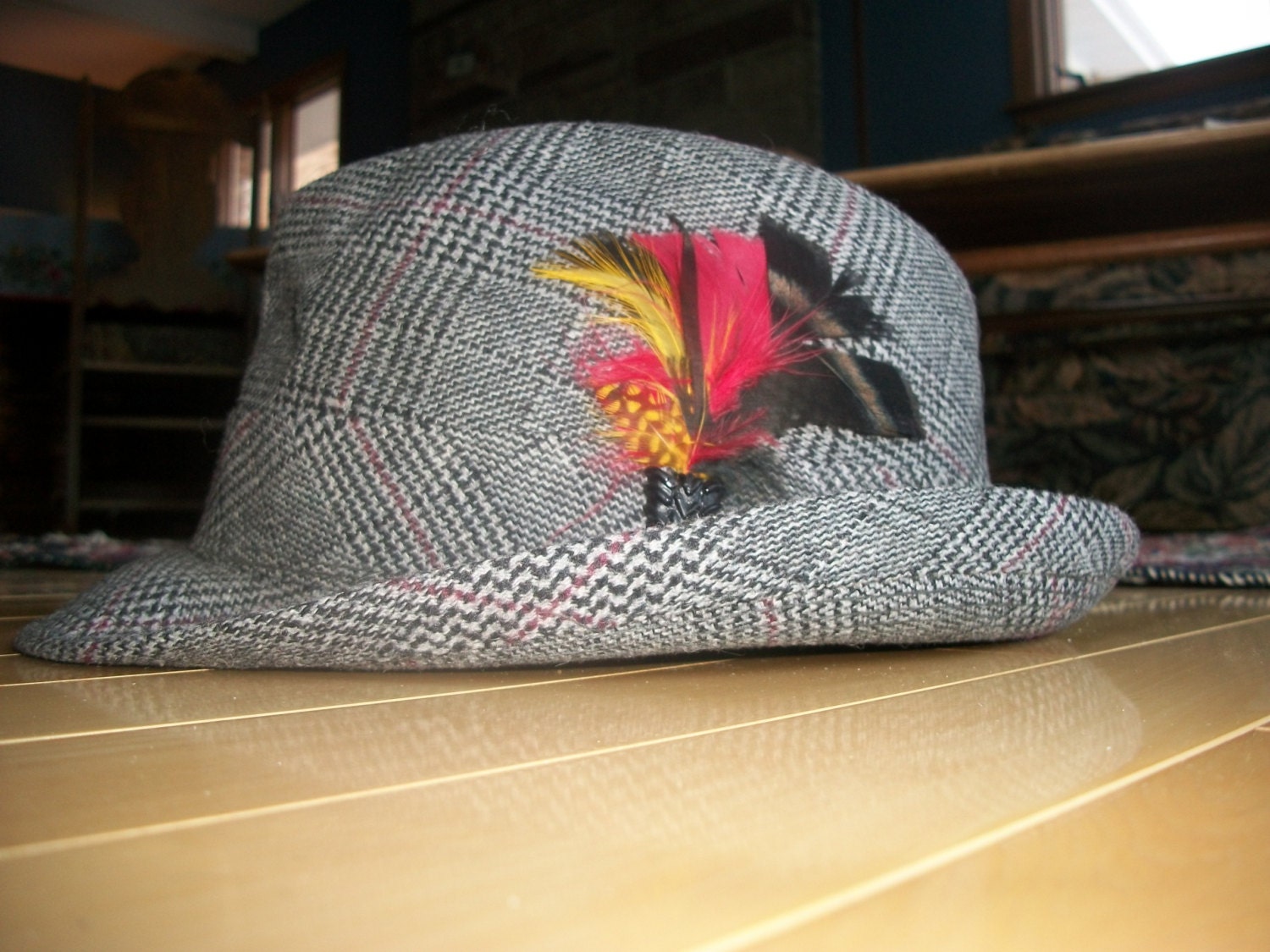 Plaid Fedora Hat with Feathers