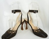 90s Stephane Kelian brown ankle strap d'orsay heels/ brouging/round toe/court heel: US 9.5/EU41/UK7