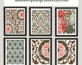Coral Brown Green Damask Vintage Modern inspired Art Print  - Set of (6) 8x10 Prints Custom Colors Sizes Available