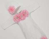 Newborn Baby Layette White Cotton Baby Gown with Pink Chiffon Flowers and Rhinestones