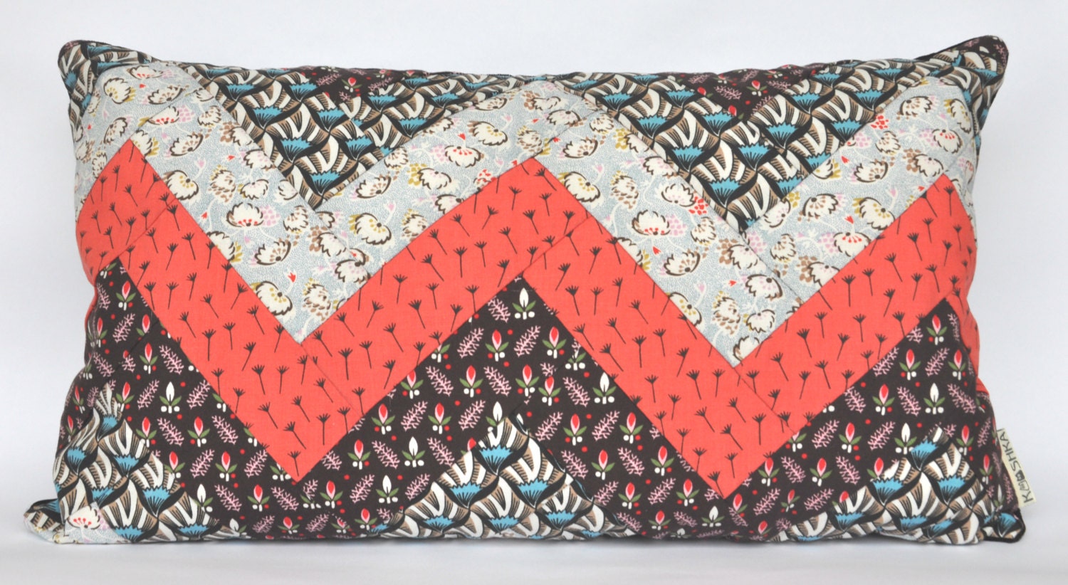 Modern Cushion Patchwork Chevron floral coral blue brown
