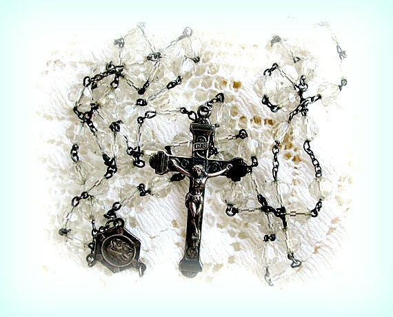 Vintage Sterling Silver and Crystal Rosary with Pouch