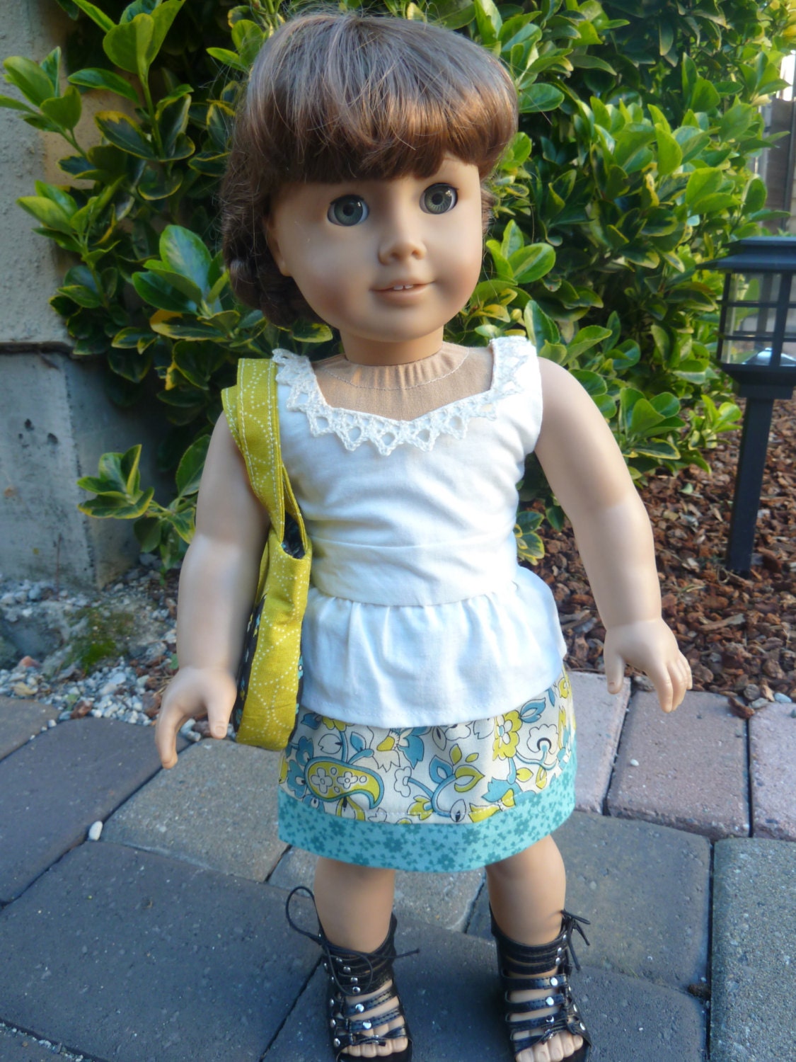 American Girl Doll Clothes - A Fresh Start Teal and Lime 3 piece outfit includes skirt, peplum top and purse