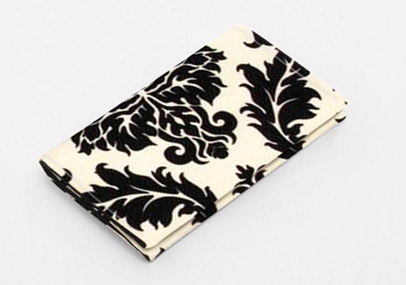 Business card case, small wallet, business card wallet, gift card case for women - black and cream damask