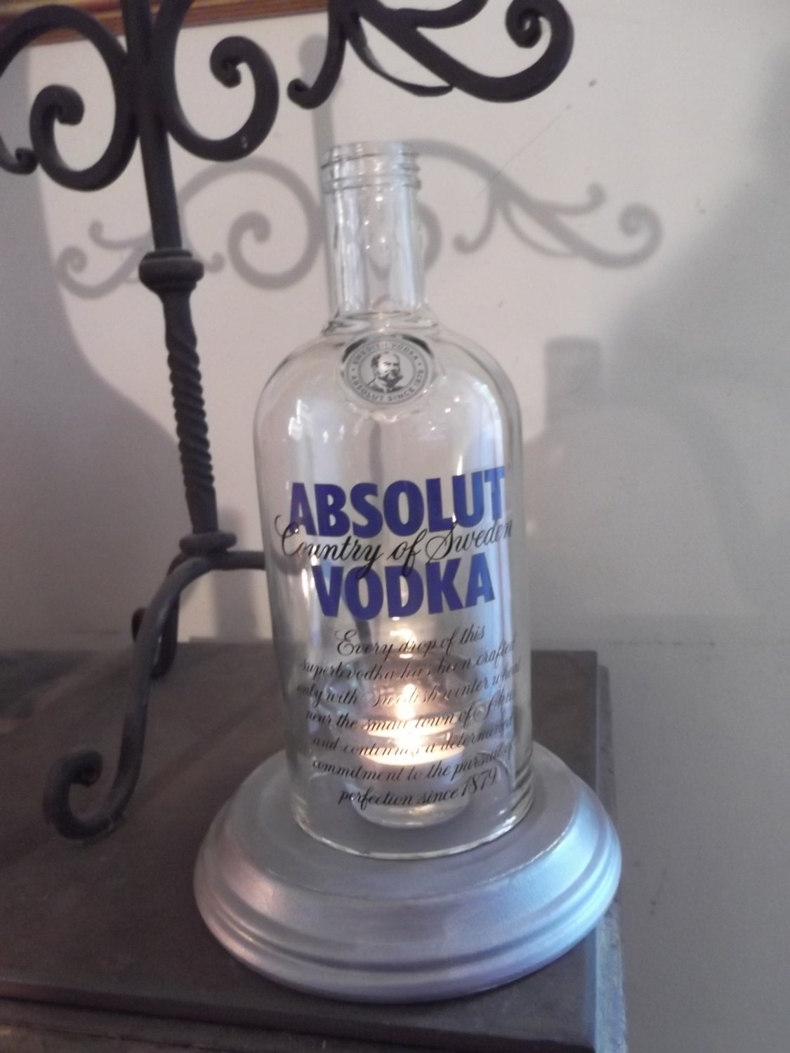 upcycled Absolute vodka bottle candle holder.with base, recycled liquor bottle, fathers day gift