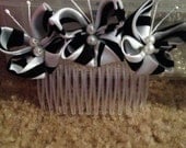 Three Handmade Fabric Butterflies w/Zebra Print on Plastic Hair Comb