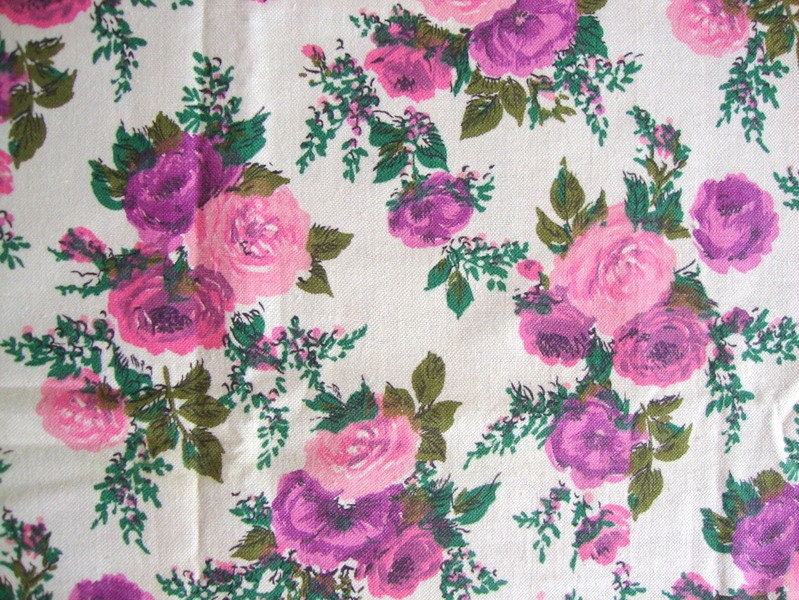 Vintage 50s Pink Rose Flower Fabric Bright Magenta Light Pink on White Heavy Cotton Canvas Mid Century Shabby Chic Home Decor Canvas BTY CBF