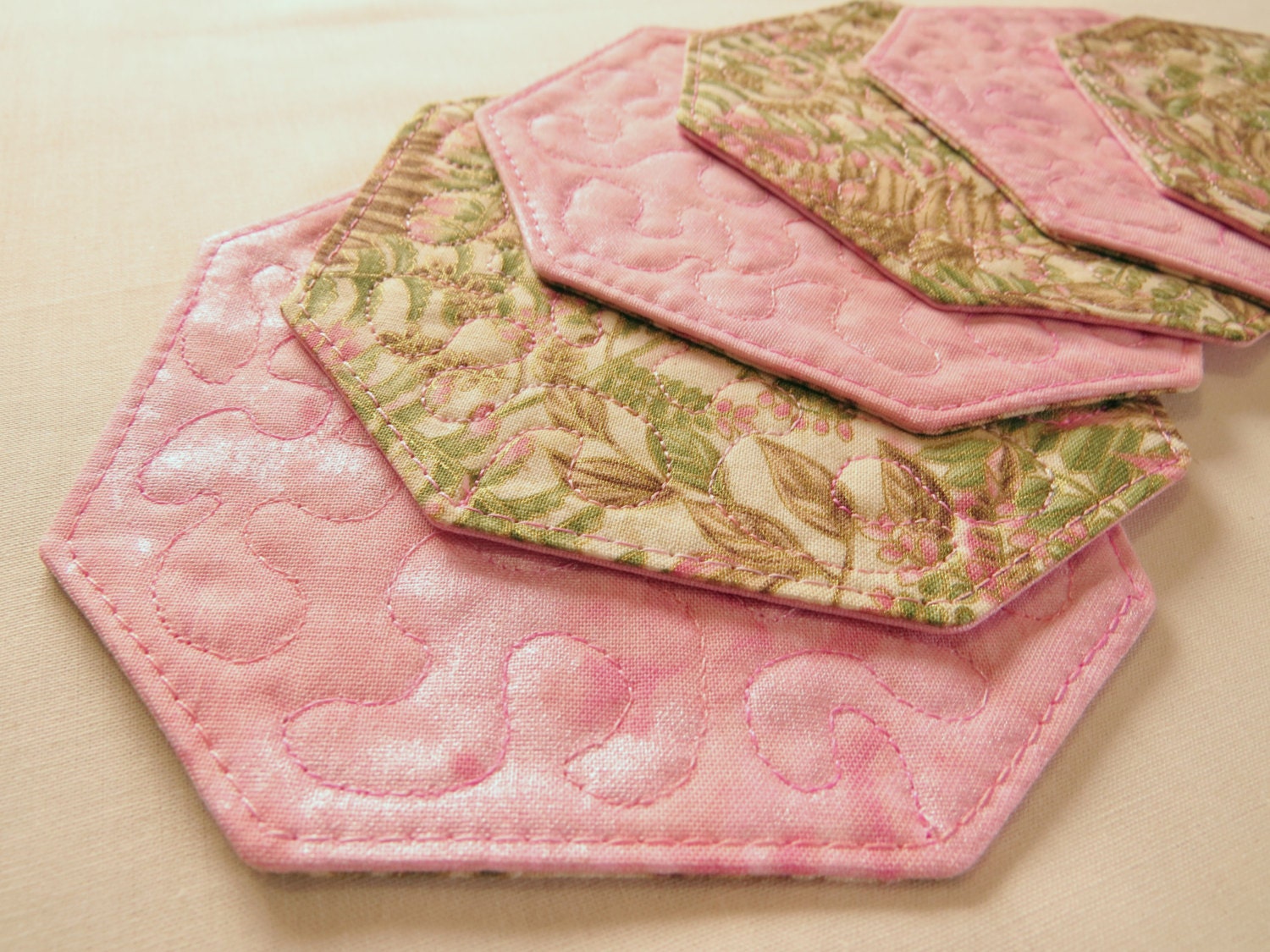 Quilted Coasters  6 set  - Ferns Pink and Green  -  145