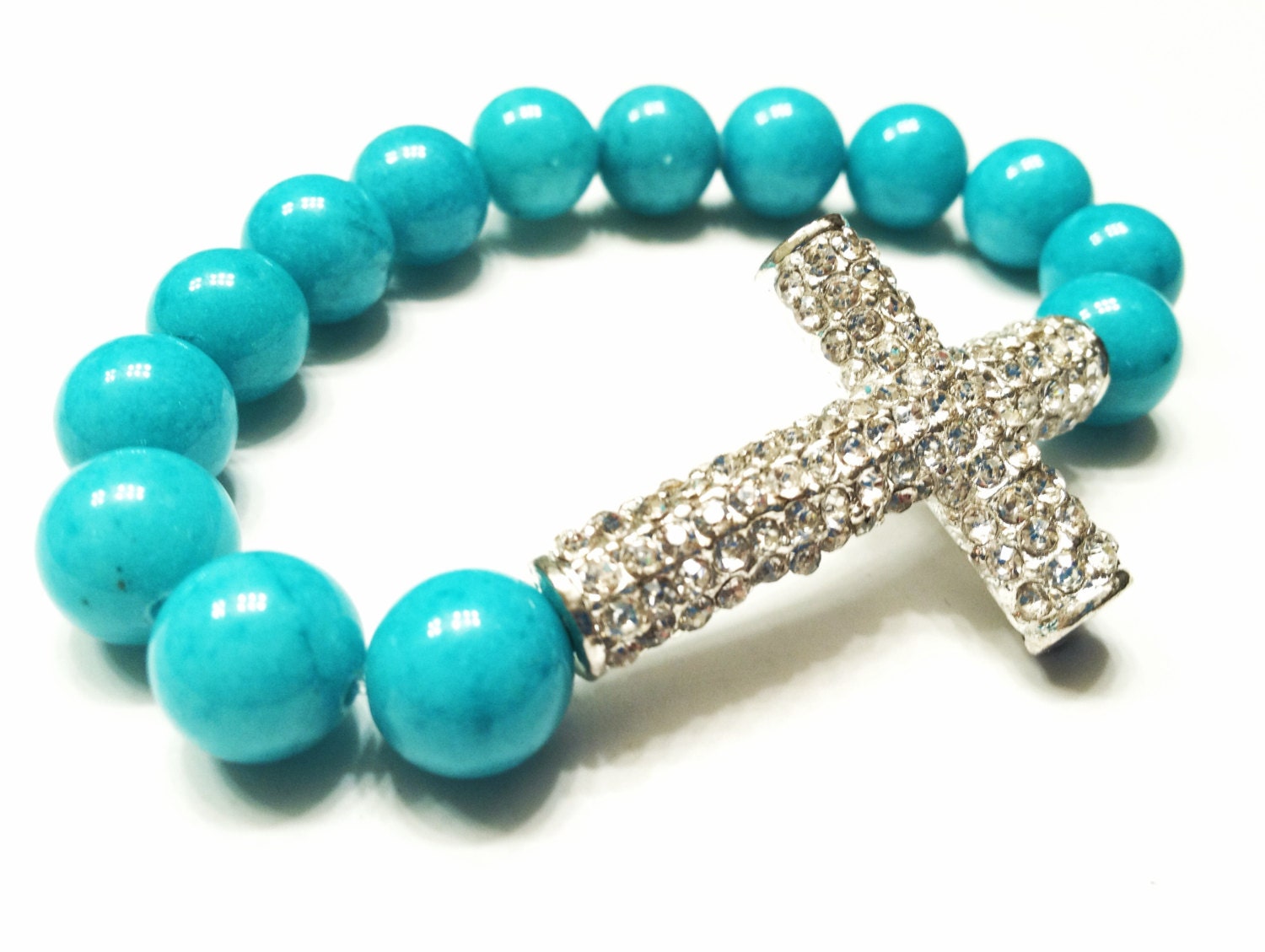 Turquoise Chunky Rhinestone Sideways Cross Beaded Bracelet