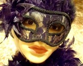 Couture Ball mask with black plume overlay,and lace with fine braid tie back. Perfect for parties.