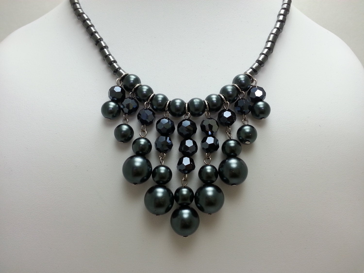 Black Glass Pearl Bib Necklace with Faceted Black Crystal and Hematite Beads - Beadwork
