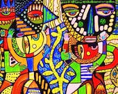 Unconditional Family Love' - SILBERZWEIG ORIGINAL Art PRINT - Folk, Primative, Mother, Father, Daughter, Son, Hug, Tribal, Masks