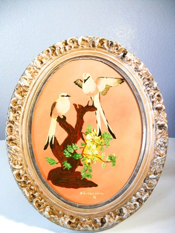 Vintage Bird Painting Oval Framed Art Vintage by NevermoreGifts