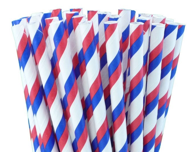 25 Red and Blue Duo Striped Paper Straws with handmade scalloped white paper flags