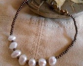 Rustic, White Fresh Water Pearl and Brass Bead Bracelet