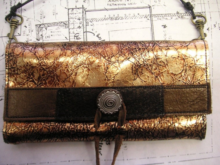 Gold Metallic Leather Wallet, , evening bag, OOAK, iphone wallet, Shoulder Bag, Clutch, Waist Bag, Sparkle,