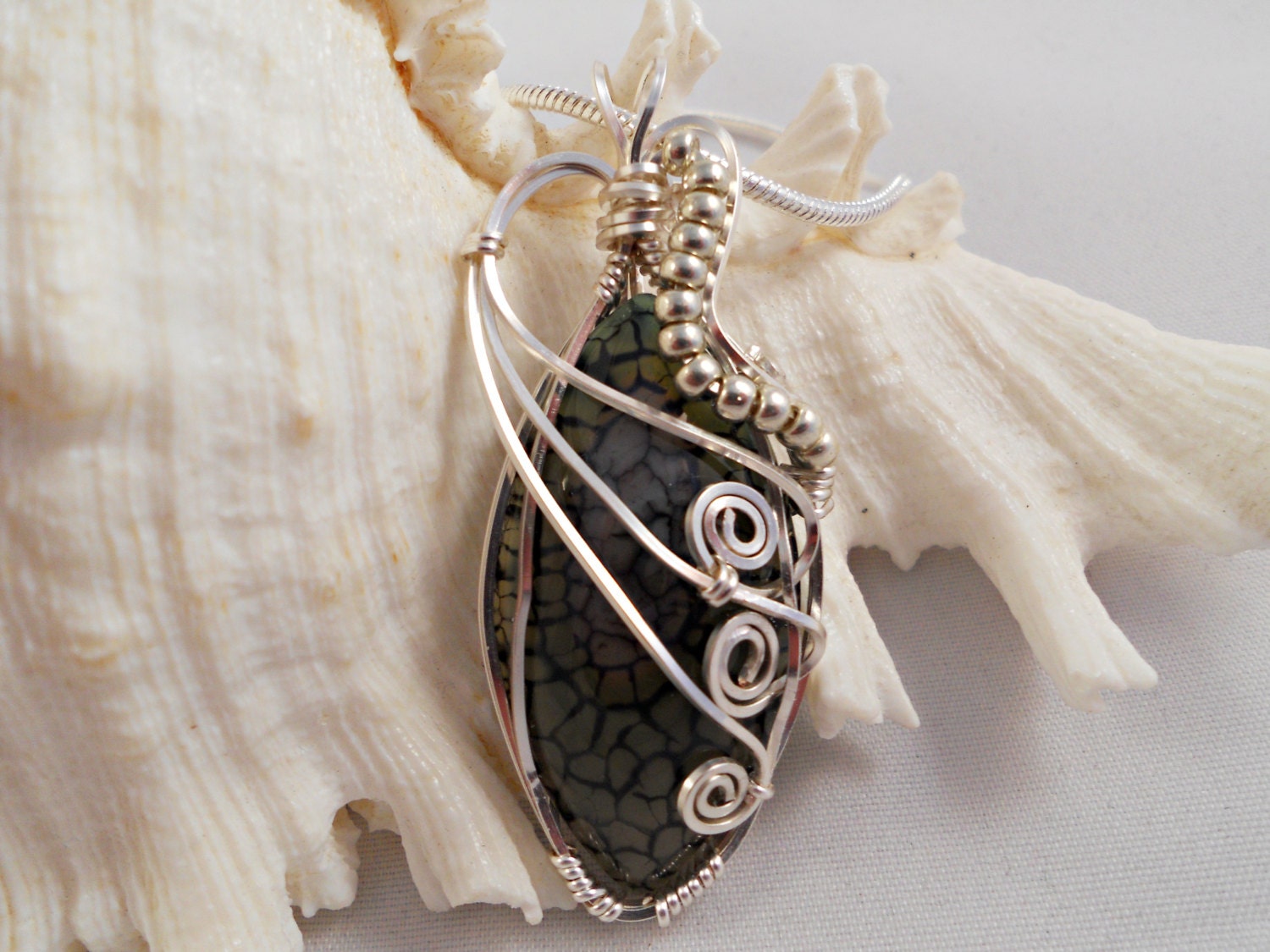 Wire Wrapped Pendant, Black Dragon Vein Agate, Handmade Jewelry