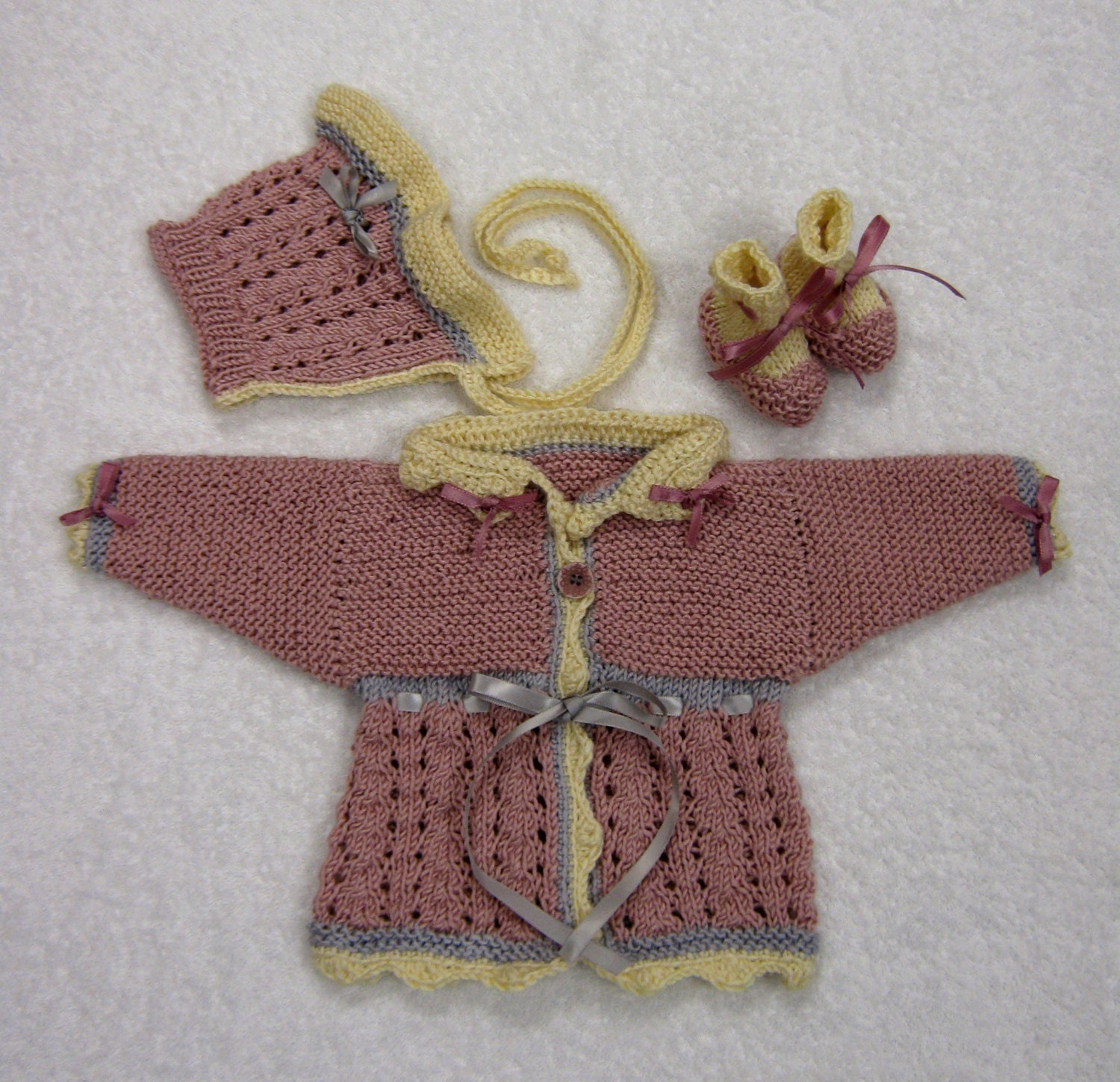 Vintage Style Baby Bonnet,  Cardigan, & Bootie Set