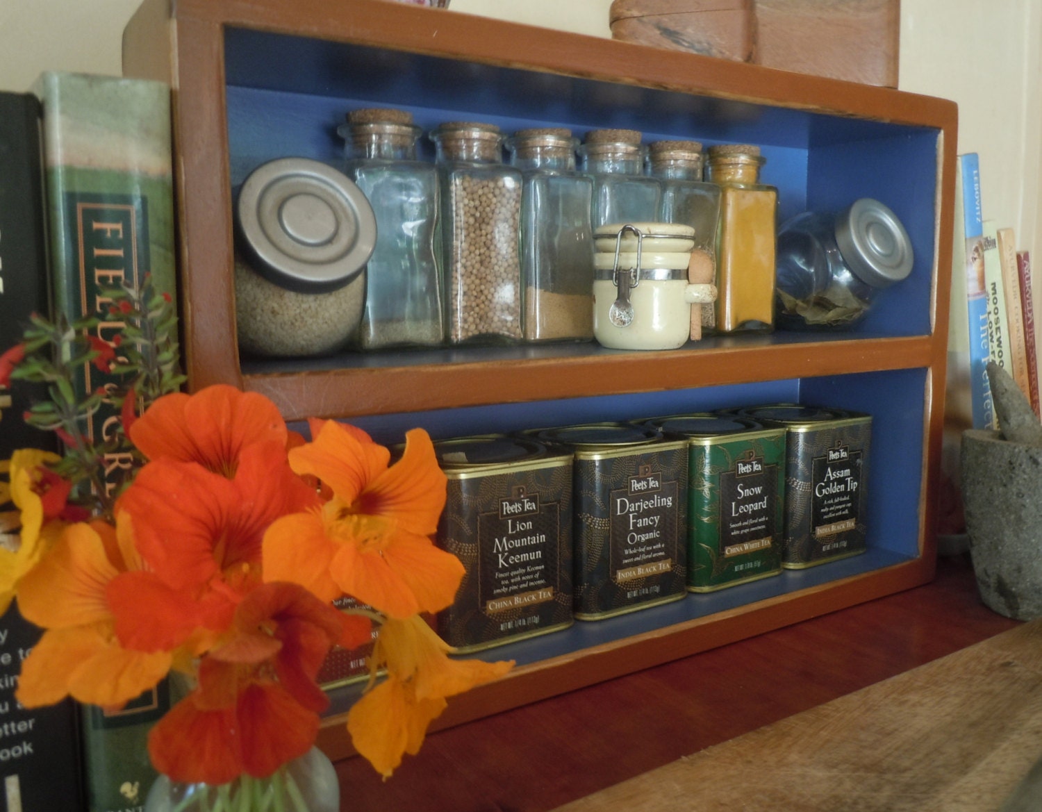 Spice Rack-Distressed Rustic Medium Free Standing Spice Rack in Light Russet and Periwinkle