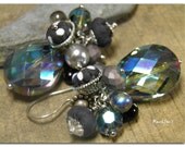 Metallized drop and fabric beads earrings-silk and textile beads earrings-blue frost bead and drop earrings-white polka dots fabric earrings
