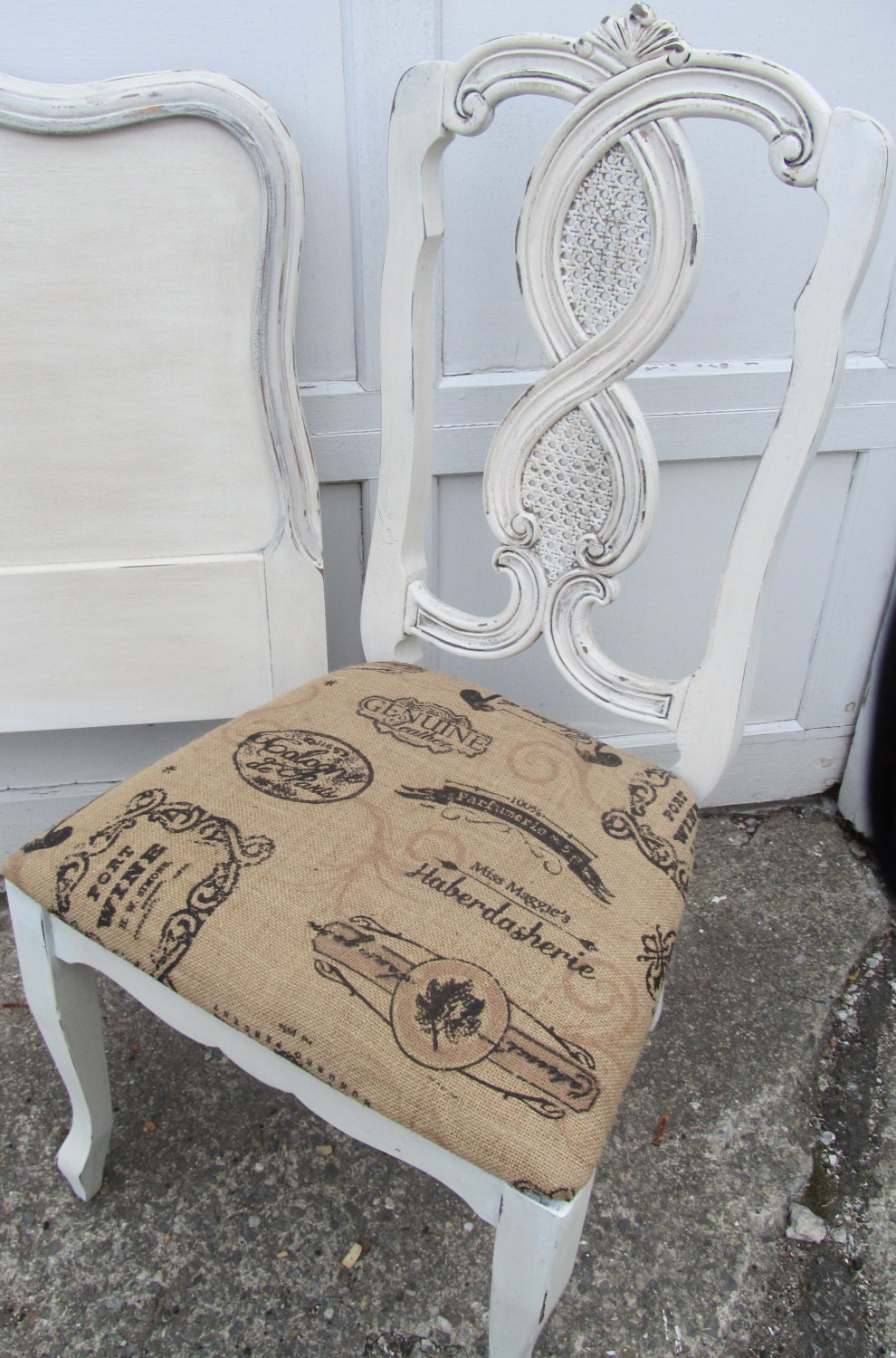 Gorgeous French Cane Back Chair, Painted in Layers of Rustic Whites and Newly Upholstered with Burlap