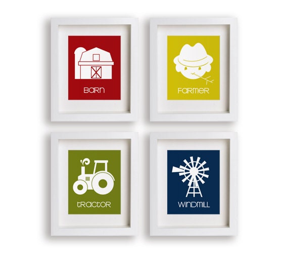 Barnyard - Set of Four 5x7 Nautical Nursery Prints - Nursery Art, Kids Decor, Modern Nursery Art, Playroom Wall Art, Childrens Art, Farm