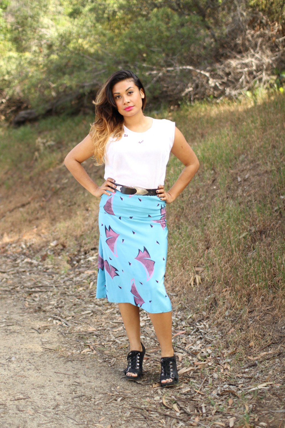 Vintage 80s Geo Print Skirt in Aqua Blue