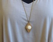 Long Geometric Necklace- Vintage Wood/ Bone Amulet Paired with Delicate Brass Chain/ Boho/ Simple