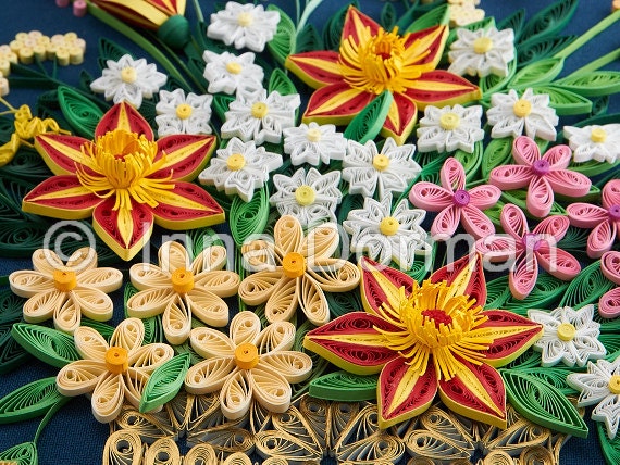 Flower basket & praying mantis wall art. Framed with glass, OOAK. Paper filigree / quilling