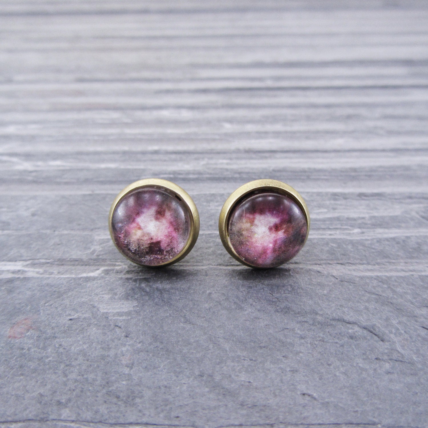Pink Space Earrings, Glass & Brass Posts
