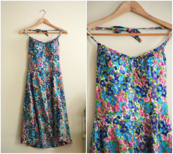 Vintage Floral Halter Smocked Back Dress   - 1970s