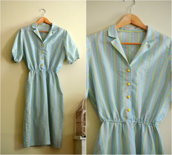 Vintage Pastel Mint Striped Shirt Dress // Day Dress  - 1980s
